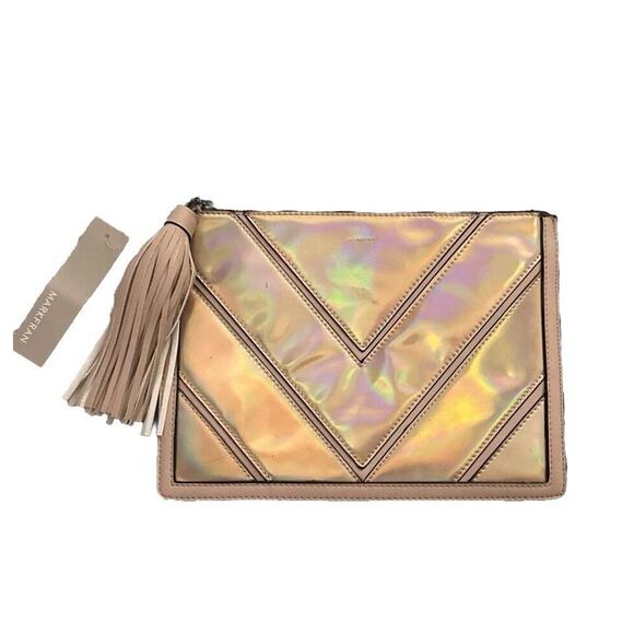 Mark Fran Faux Leather Clutch Bag Pink Iridescent Chevron Zip Tassel Bag Purse - Picture 1 of 16
